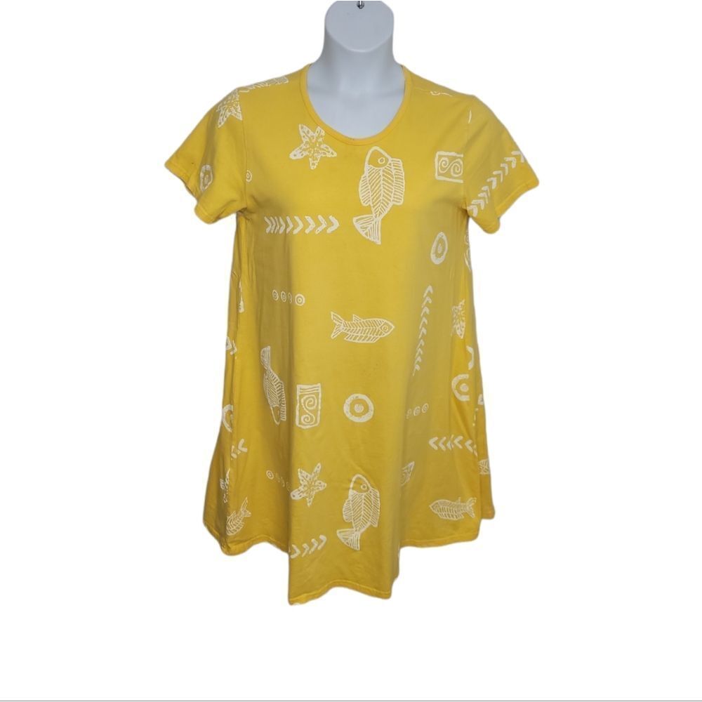 VINTAGE 90s shirt dress yellow ocean beach fish graphic swim coverup M/L